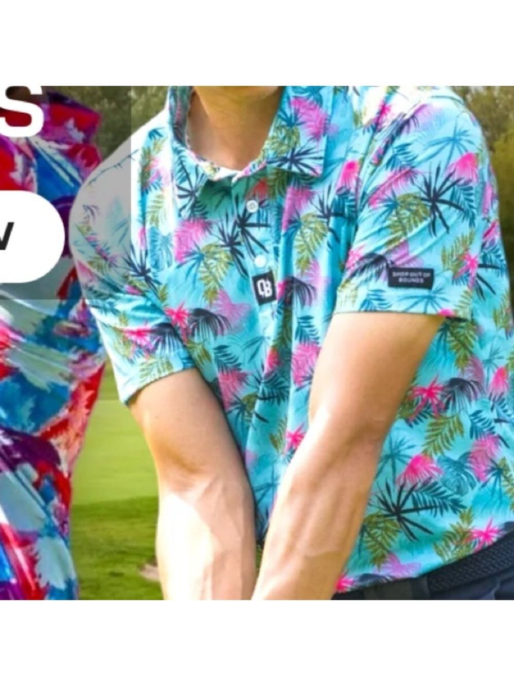 OUT OF BOUNDS Tropical Print Golf Shirt Blue Pink & Black sz medium
